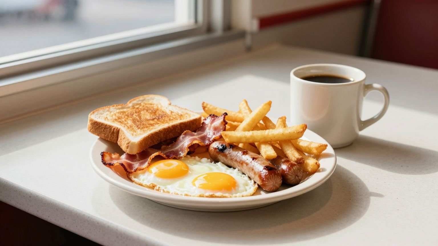Breakfast plate with eggs, bacon, homefries and toast